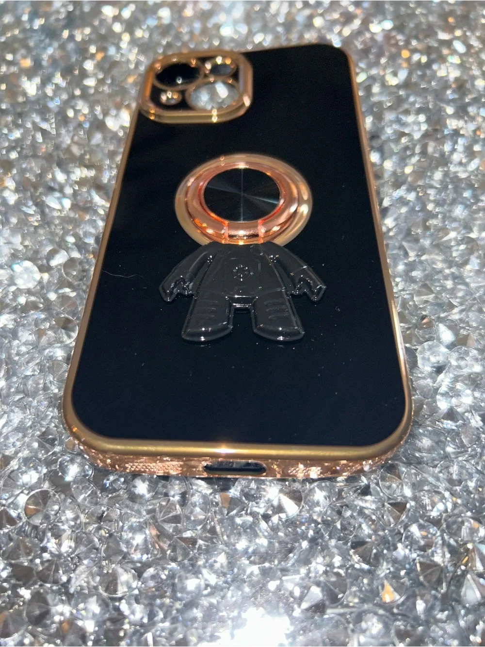 iPhone 15 Black and Gold Phone Ring Holder Case Accessory